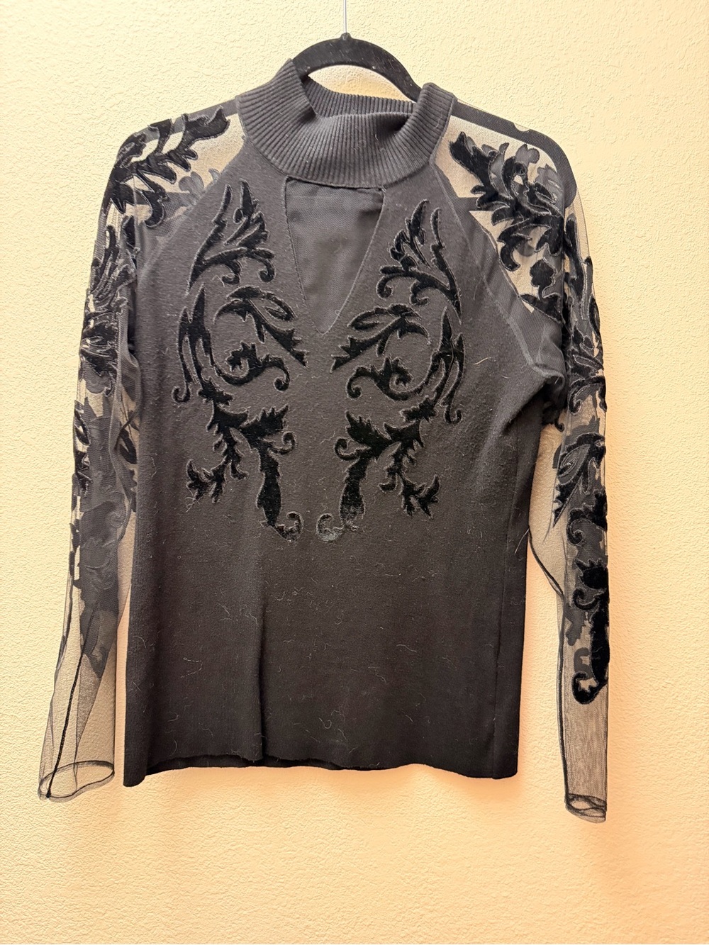 INC International Concepts Black Velvet Appliqué Sheer Sleeve Mock Neck Top